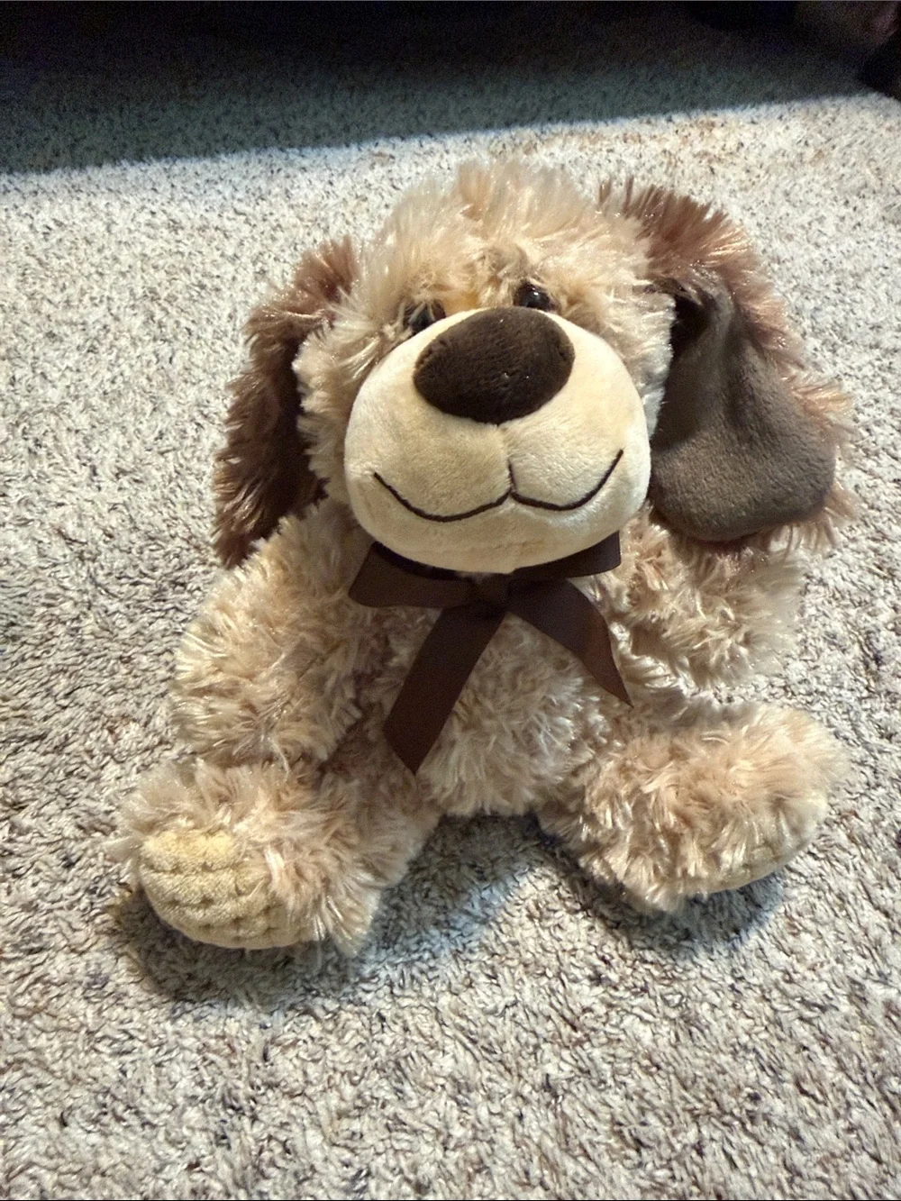 Plush Brown Dog Toy with Bow - Soft Squeaky Pet Plush